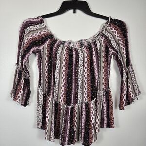 No Comment Off Shoulder Floral Stripe 3/4 Bell Sleeve Peasant Top Size Medium